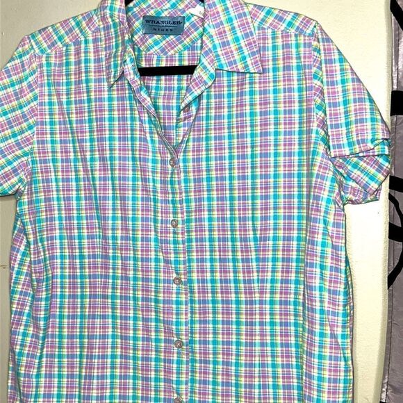 Wrangler Blues Western Plaid Button Up Shirt, Size Large - Picture 2 of 6